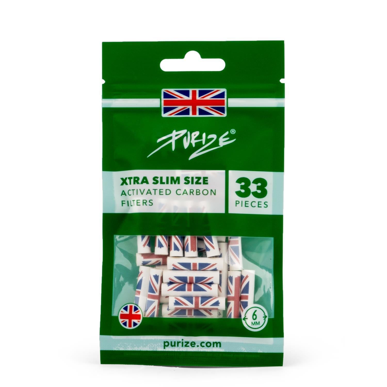 PURIZE Xtra Slim Size Verpackung UK Edition mit 33 Activated Carbon Filters, 6 mm, Union Jack Flagge, gefüllt mit Aktivkohlefiltern im britischen Flaggen-Design